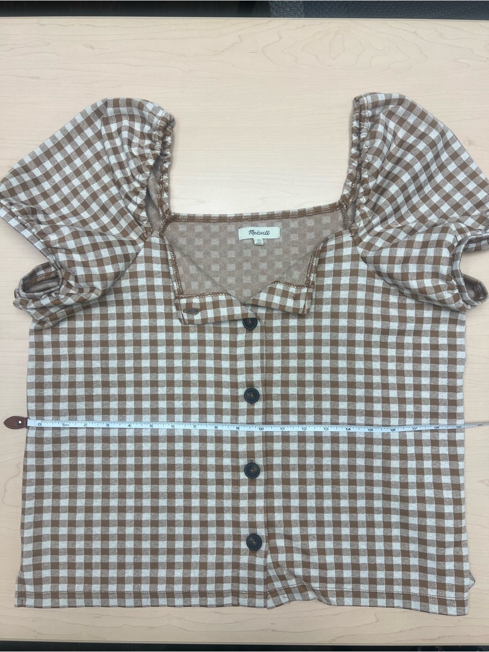 Madewell Brown and Cream Gingham Puff-Sleeve Button-Down Top - Picture 9 of 9